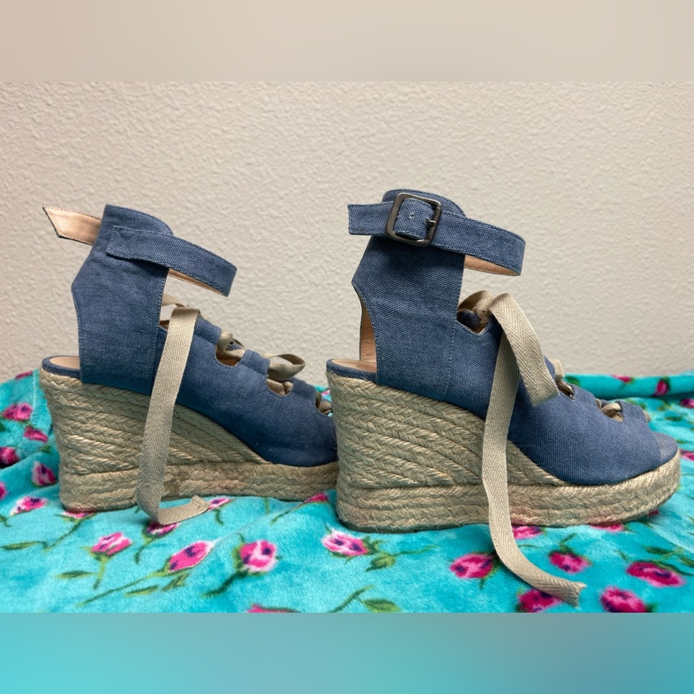 Castaner Denim Strappy Wedge Espadrille Sandals